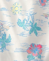 Toddler Girl Tropical Beach Sleeveless Loose Fit 2-Piece Pyjama Set - Ivory/Green