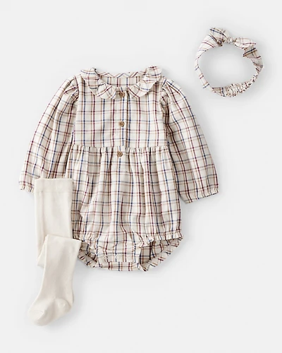 Baby Girl 3-Piece Plaid Bubble Outfit Set