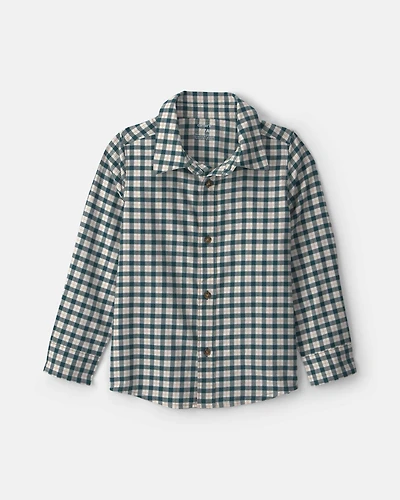 Boys Plaid Long-Sleeve Button-Down Shirt - Green/White