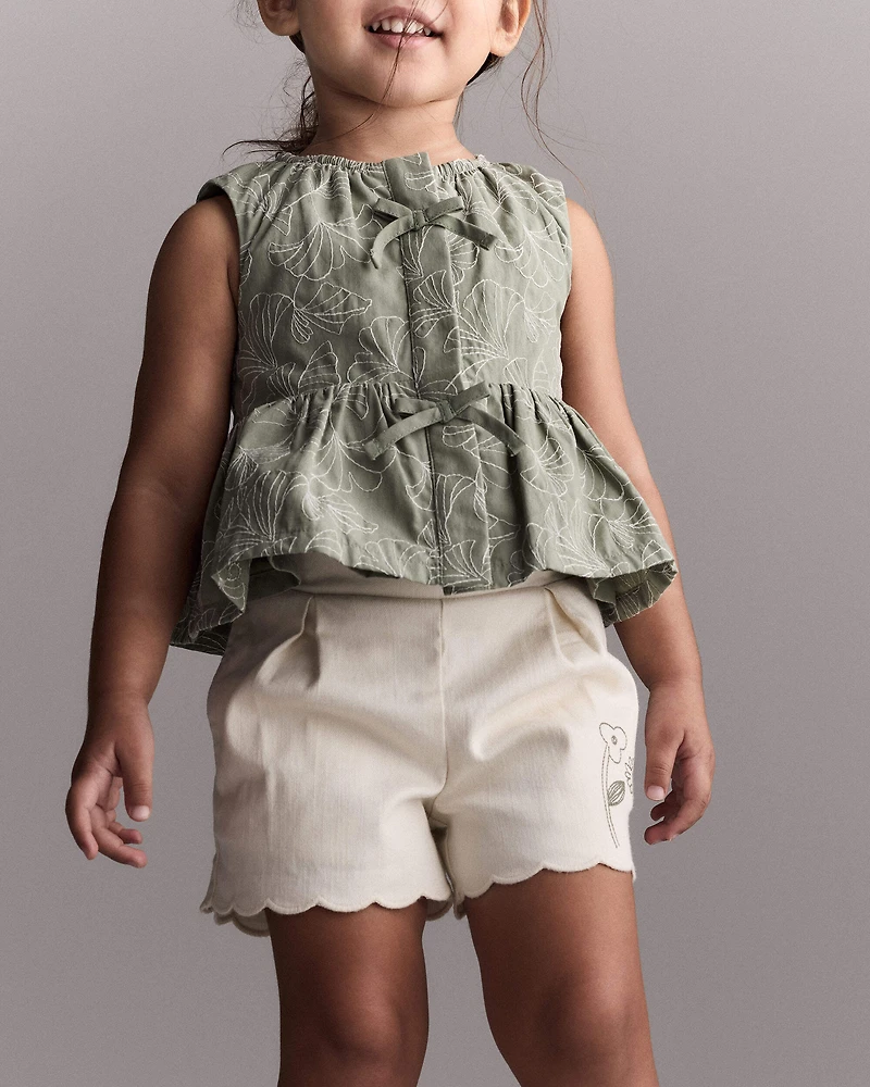 Toddler Girl Floral Scalloped Short - Cream