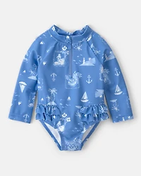 Baby Girl Sailboat Long-Sleeve 1-Piece Rashguard Swimsuit - Blue