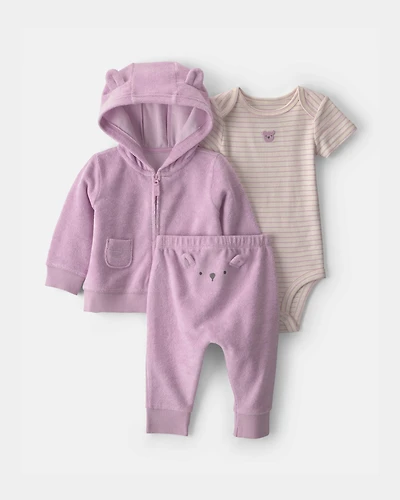 Baby Girl 3-Piece Bear Terry Layering Set - Purple