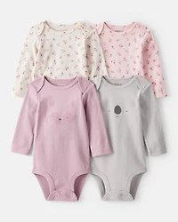 Baby Girl 4-Pack Koala Print Cotton Long-Sleeve Multipack Bodysuits - Purple/White/Pink