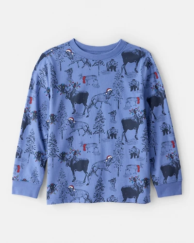 Boys Reindeer Print Long-Sleeve Graphic Tee - Blue