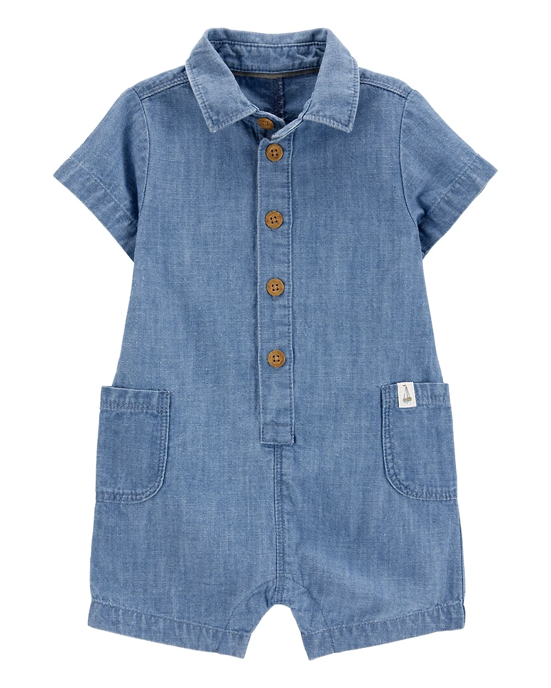 Baby Solid Cotton Blend Romper - Blue