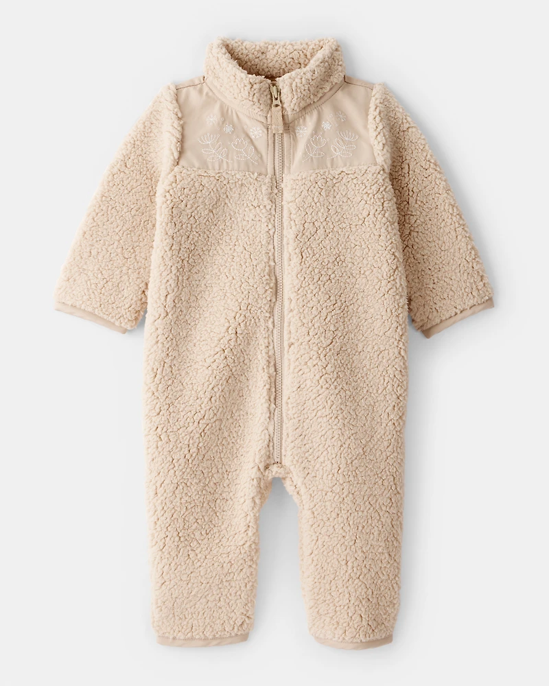 Baby Girl Embroidered Sherpa Long-Sleeve Jumpsuit - Brown