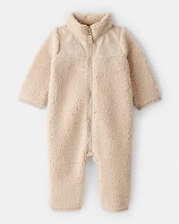 Baby Girl Embroidered Sherpa Long-Sleeve Jumpsuit - Brown