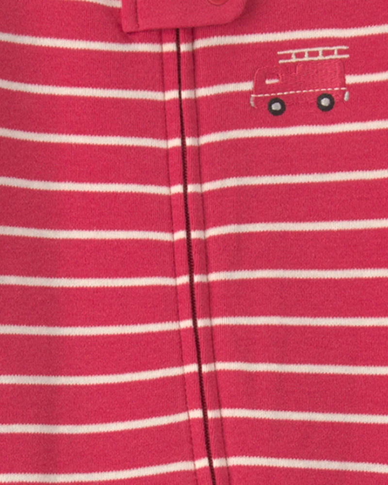 Baby Boy Firetruck Striped 100% Cotton 2-Way Zip Sleeper - Red