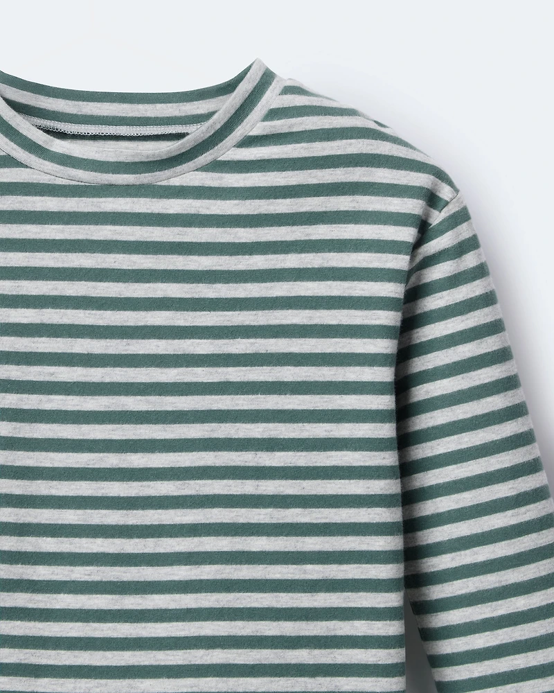 Toddler Striped Long-Sleeve Relaxed Tee - Green/Heather Grey