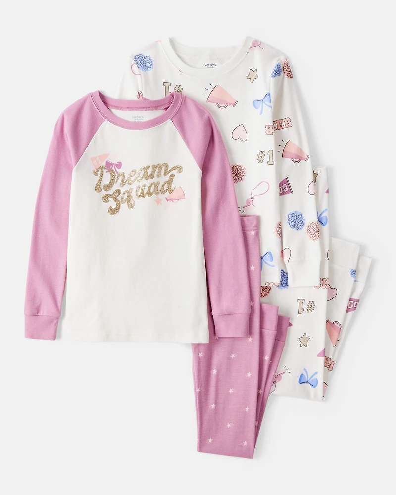 Girls Cheerleading Print 100% Cotton Long-Sleeve 4-Piece Pyjamas - White/Pink