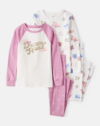 Girls Cheerleading Print 100% Cotton Long-Sleeve 4-Piece Pyjamas - White/Pink