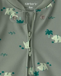 Baby Boy Dinosaur 2-Way Zip 100% Cotton Sleeper - Green