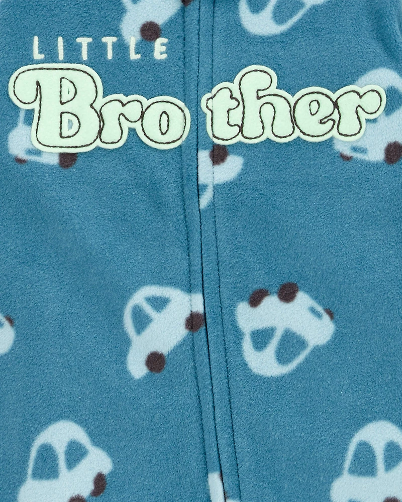 Baby Boy Little Brother Fleece Zip-Up Sleeper - Blue