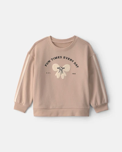 Girls Toddler Girl 'Fun Times Every Day' Bow French Terry Pullover Sweatshirt - Brown