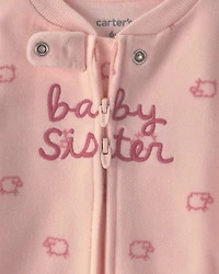 Baby Girl 'Baby Sister' Fleece 2-Way Zip Sleepers - Pink
