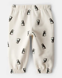 Baby Boy Penguin Print Fleece Pants - Cream