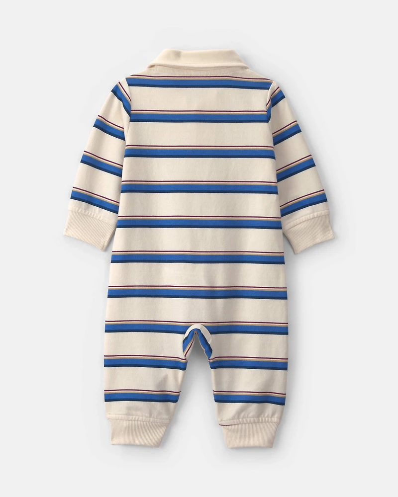 Baby Boy Striped French Terry Long-Sleeve Jumpsuit - Blue/Cream
