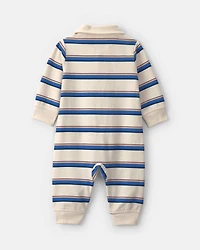 Baby Boy Striped French Terry Long-Sleeve Jumpsuit - Blue/Cream