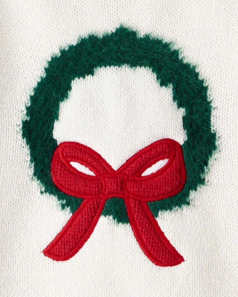Toddler Girl Christmas Wreath Long-Sleeve Sweater - White
