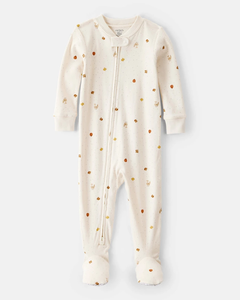 Toddler Thanksgiving Print 100% Cotton Long-Sleeve 2-Way Zip Footed 1-Piece Pyjamas - White