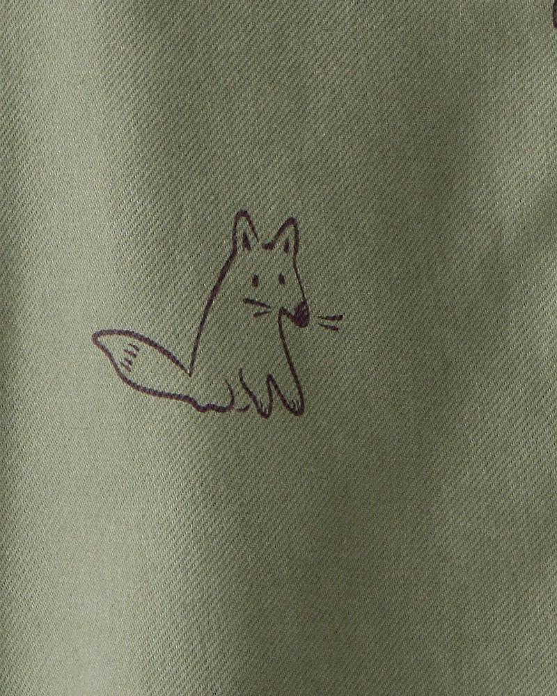 Baby Boy Racoon Print Cotton Long-Sleeve Hooded Button-Down Shirt - Green