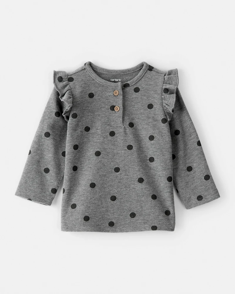 Baby Girl Flutter-Sleeve Polka Dot Long-Sleeve Top - Grey