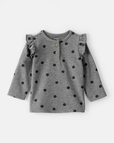 Baby Girl Flutter-Sleeve Polka Dot Long-Sleeve Top - Grey