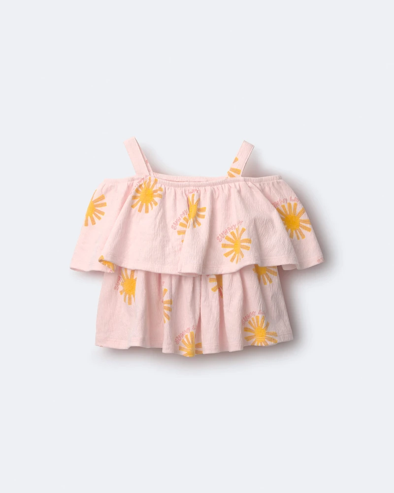Toddler Girl Off Shoulder Flowy Top Sunny Life Print - Rose