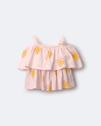 Toddler Girl Off Shoulder Flowy Top Sunny Life Print - Rose