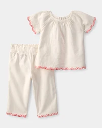 Baby Girl 2-Piece Solid Linen Short-Sleeve Overall Set - Cream