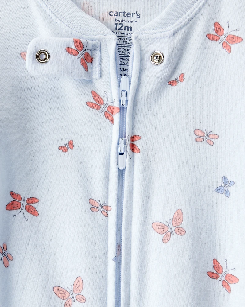 Baby Girl Butterfly 100% Cotton Snug Fit 2-Way Zip Footie 1-Piece Pyjamas - Blue