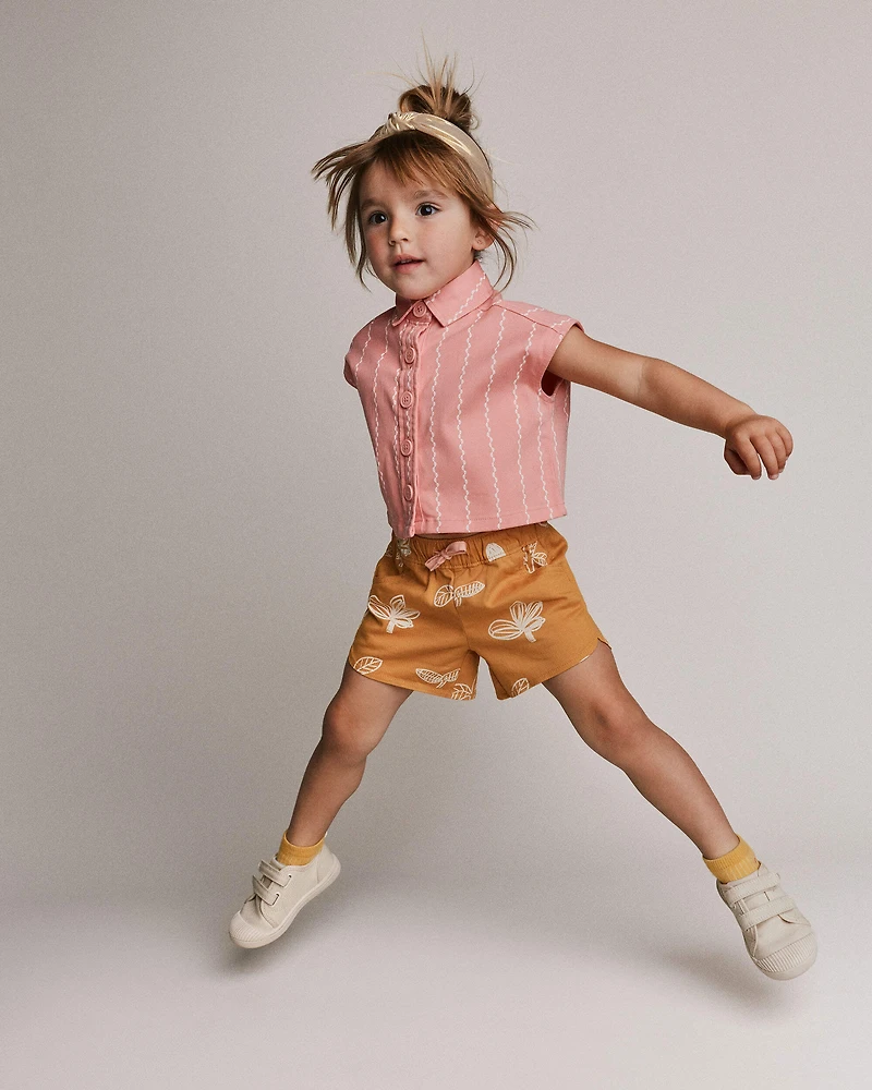 Toddler Girl Dolphin Hem Short Plant Print - Mustard Yellow