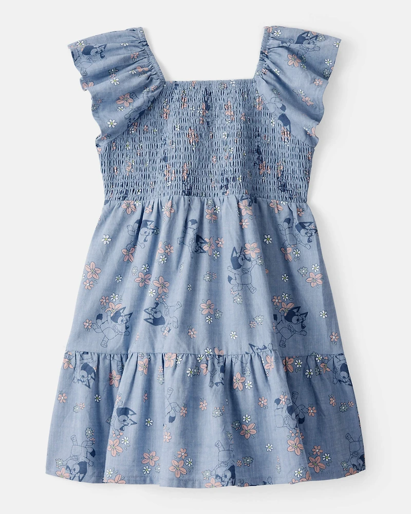 Toddler Girl Bluey Floral Print Denim Dress - Blue
