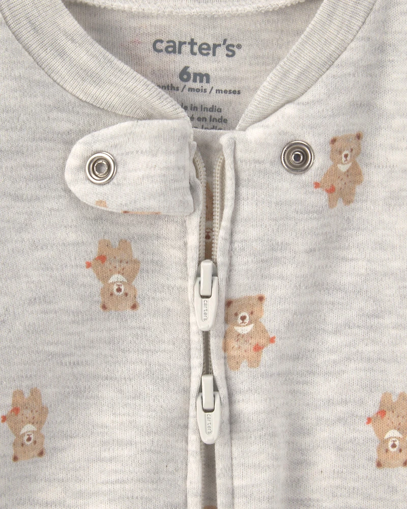 Baby Teddy Bear Cotton 2-Way Zip Sleeper - Grey