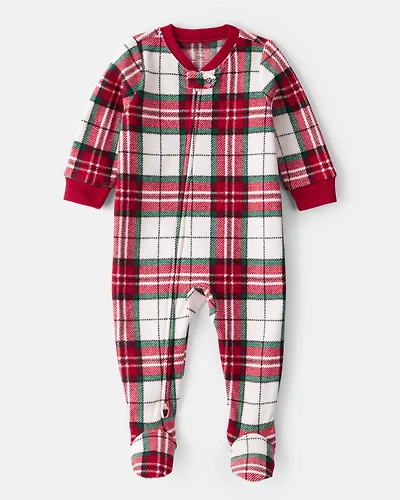 Toddler Plaid Print Fleece Long-Sleeve Loose Fit 1-Piece Pajamas