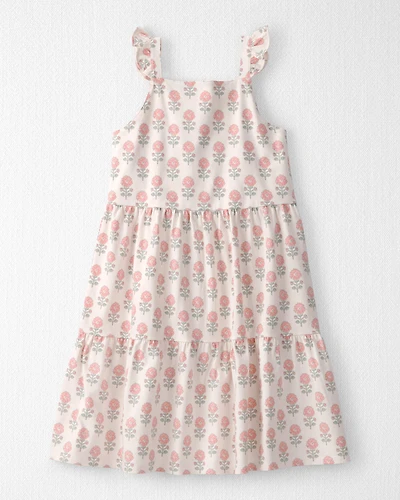 Girls Organic Cotton Tiered Dress Rosebud Petal Print