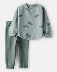 Toddler Boy Dinosaur French Terry Long-Sleeve Tee & Pant Set- Green/Grey