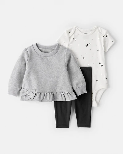 Baby Girl 3-Piece Bow Fleece Long-Sleeve Bodysuit & Pant Set