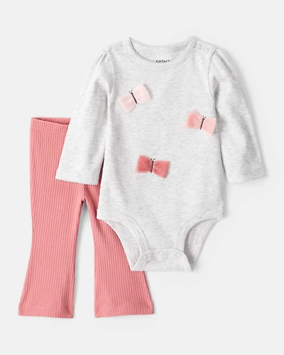 Baby Girl Butterfly Long-Sleeve Bodysuit & Pant Set - Grey/Pink
