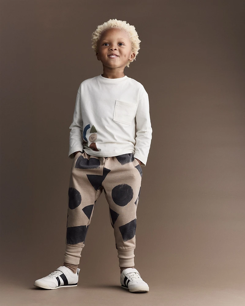 Toddler Long-Sleeve Pocket Relaxed Graphic Tee with Shapes - Cream