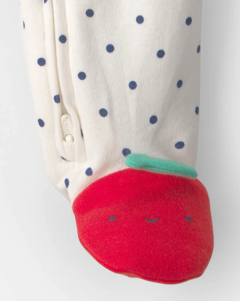 Baby Girl Cherry 2-Way Zip 100% Cotton Sleeper - White