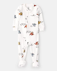 Toddler Boy Helicopter Print DreamPlush Snug Fit Long-Sleeve 2-Way Zip 1-Piece Pyjamas - White