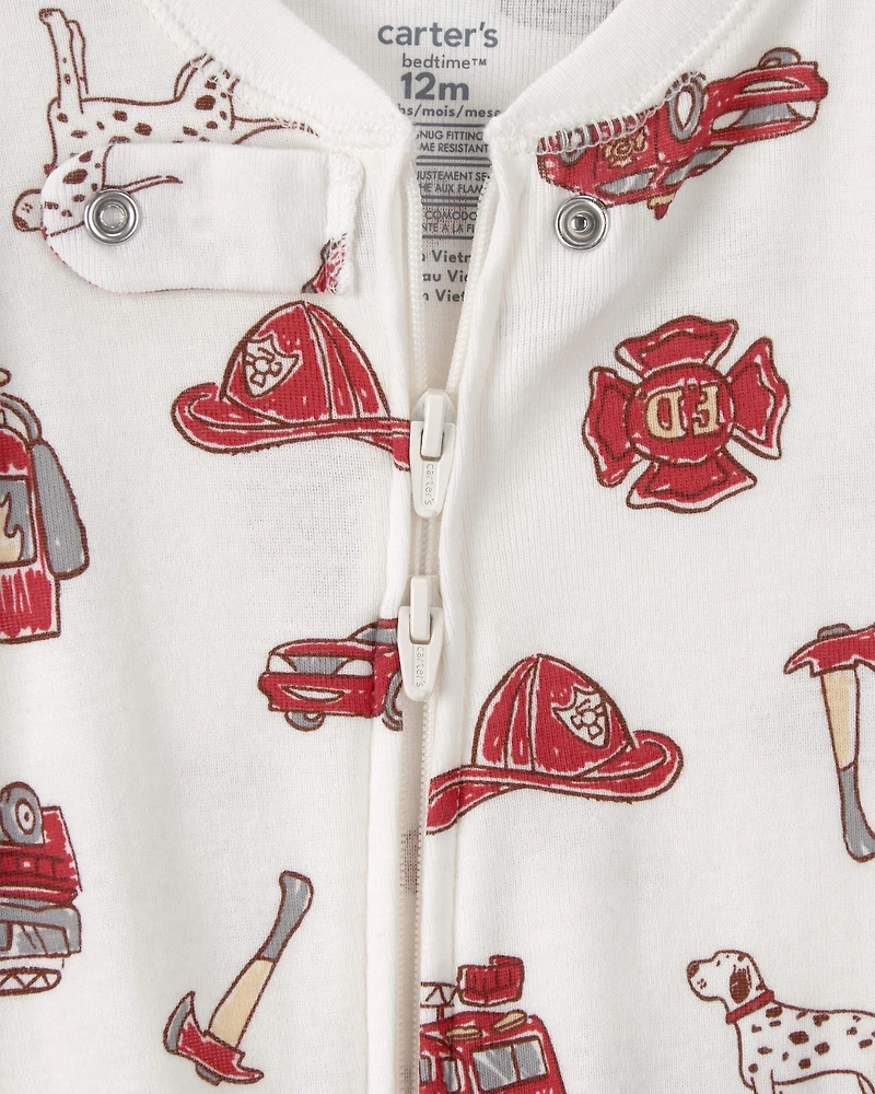 Baby Boy Firetruck 100% Cotton Snug Fit 1-Piece Pyjama Set - White