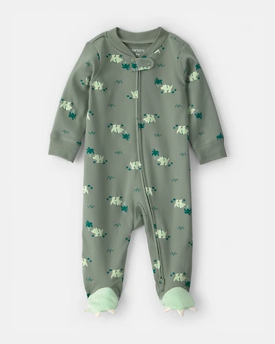 Baby Boy Dinosaur 2-Way Zip 100% Cotton Sleeper - Green