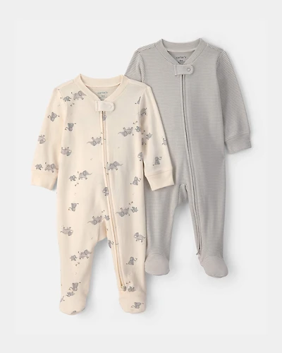 Baby 2-Pack Elephant Striped 100% Cotton 2-Way Zip Sleepers - Grey