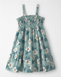 Girls  Smocked Linen Dress Made with Organic Cotton Blue Hibiscus