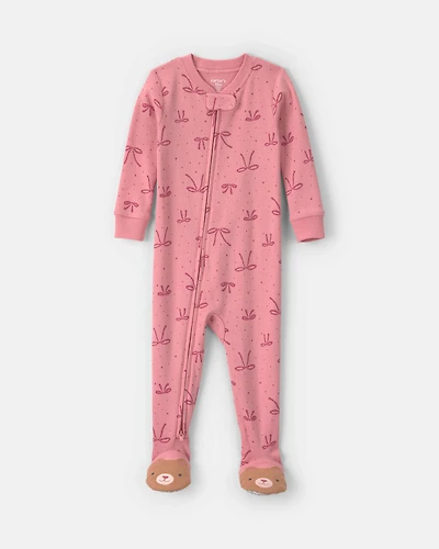 Baby Girl 1-Piece Bows 2-Way Zip 100% Cotton Snug Fit Pyjama - Pink