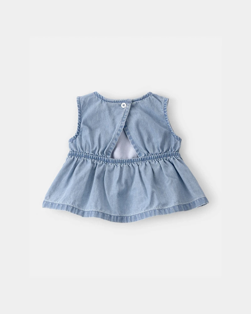 Baby Girl 3-Piece Cherry Chambray Sleeveless Top, Bodysuit & Short Set - Pink/Blue