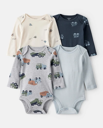 Baby Boy 4-Pack Construction Print Long-Sleeve Multipack Bodysuits - White/Navy Blue