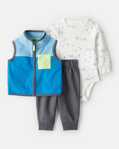 Baby Boy 3-Piece Fleece Vest Outfit Set - Blue